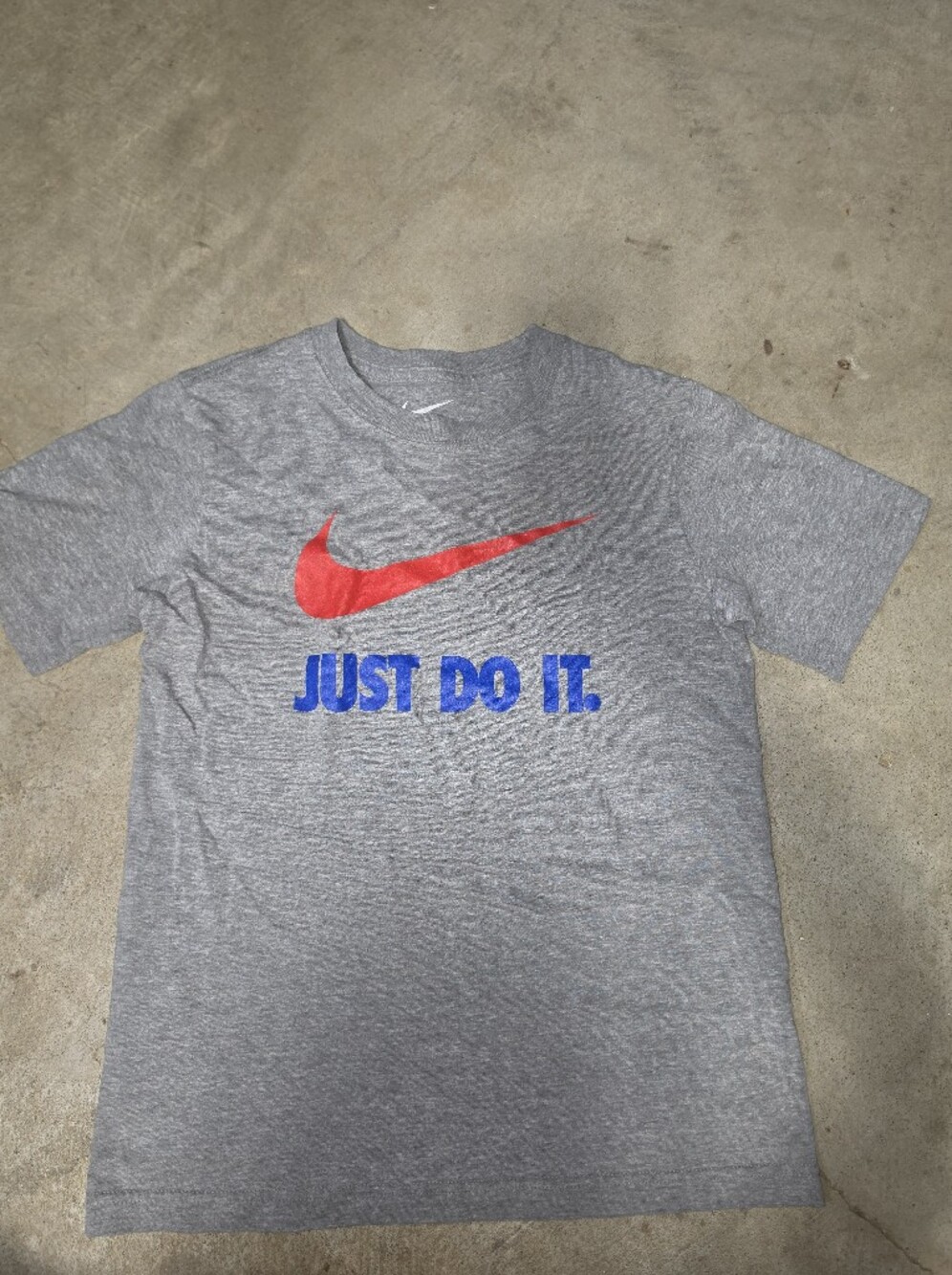 Nike Gray Tee with Red Swoosh and Blue Text